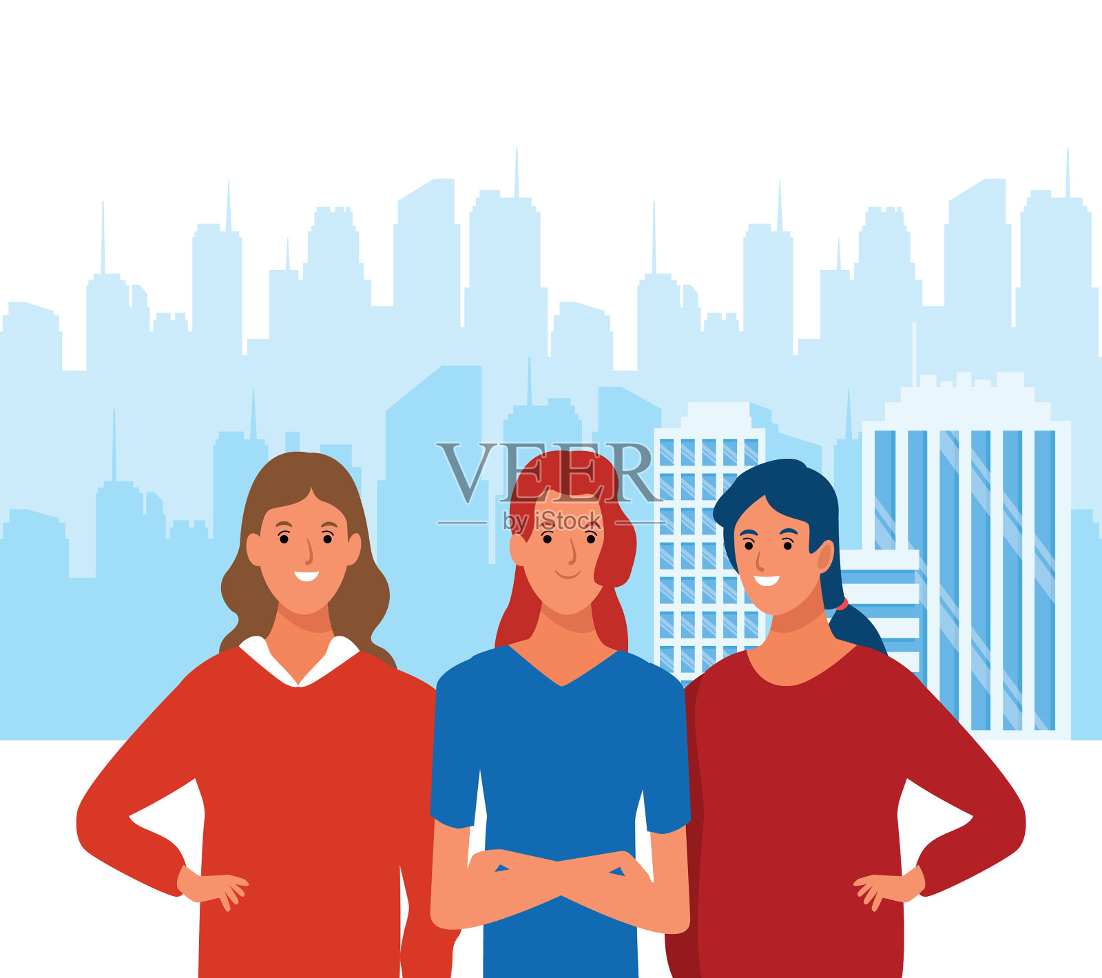 卡通女性对着城市景观微笑插画图片素材