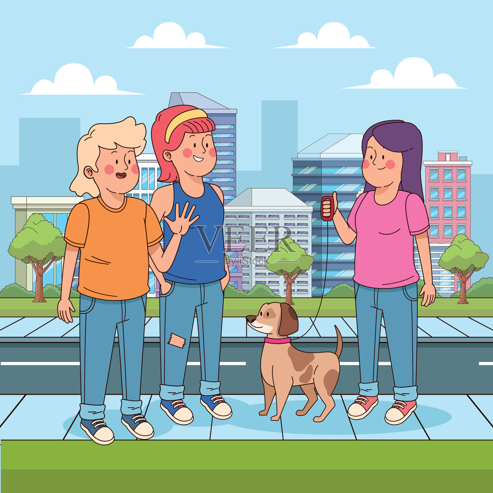 卡通少女与狗和朋友在插画图片素材