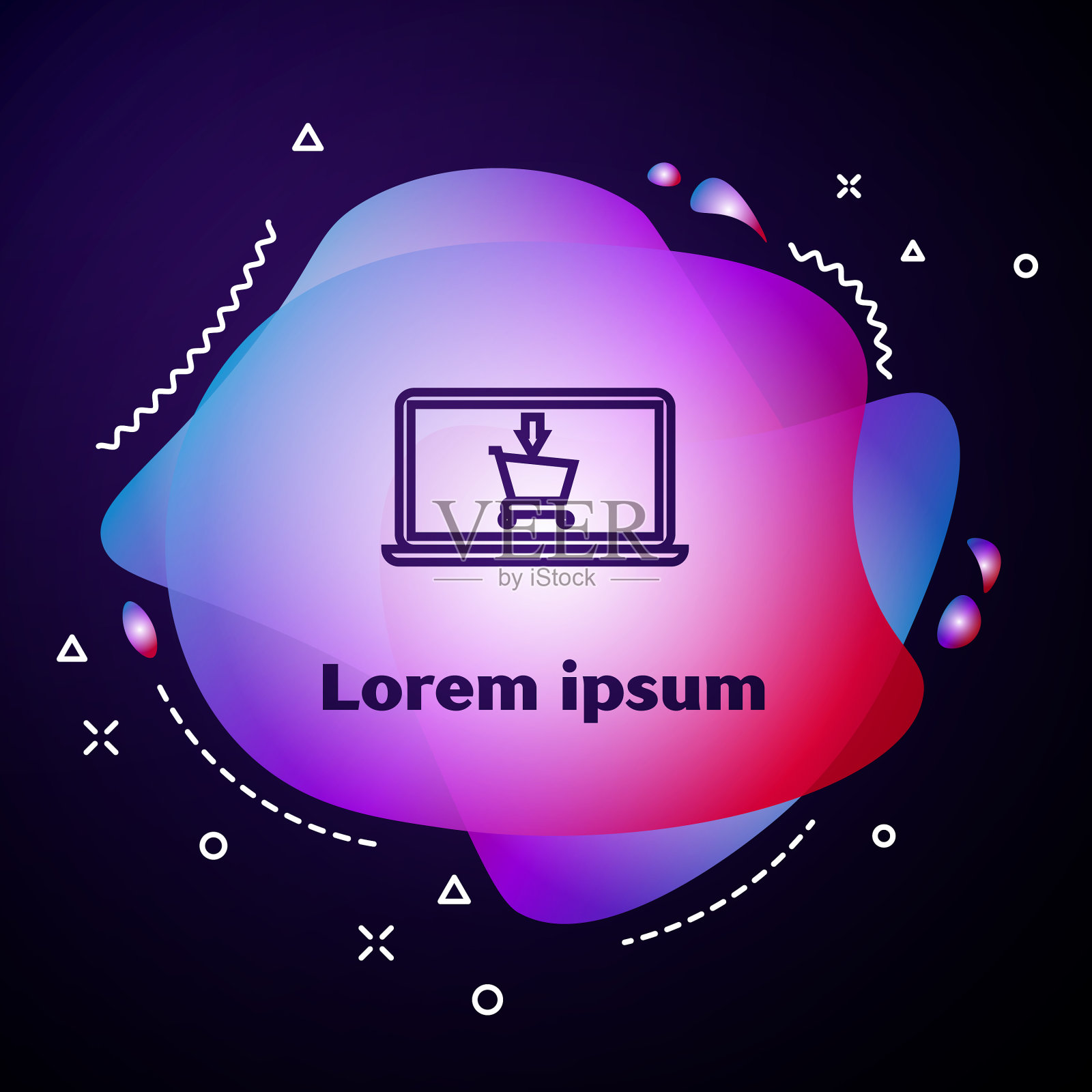 购物车上的紫色线屏幕上的笔记本图标插画图片素材