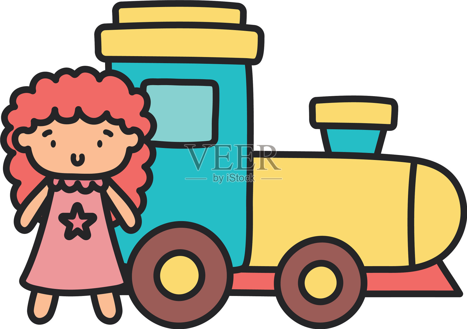 孩子们玩具橡胶火车和粉红色的小娃娃玩具设计元素图片