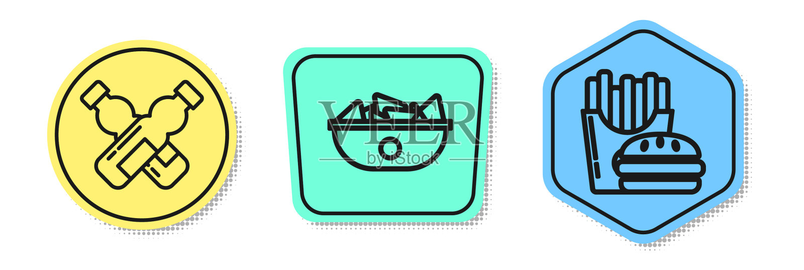 设定线交叉瓶装水玉米片在盘子插画图片素材