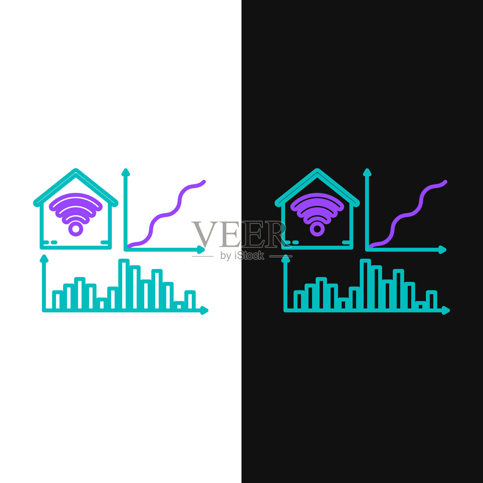 绿色和紫色线智能家居wi-fi图标插画图片素材