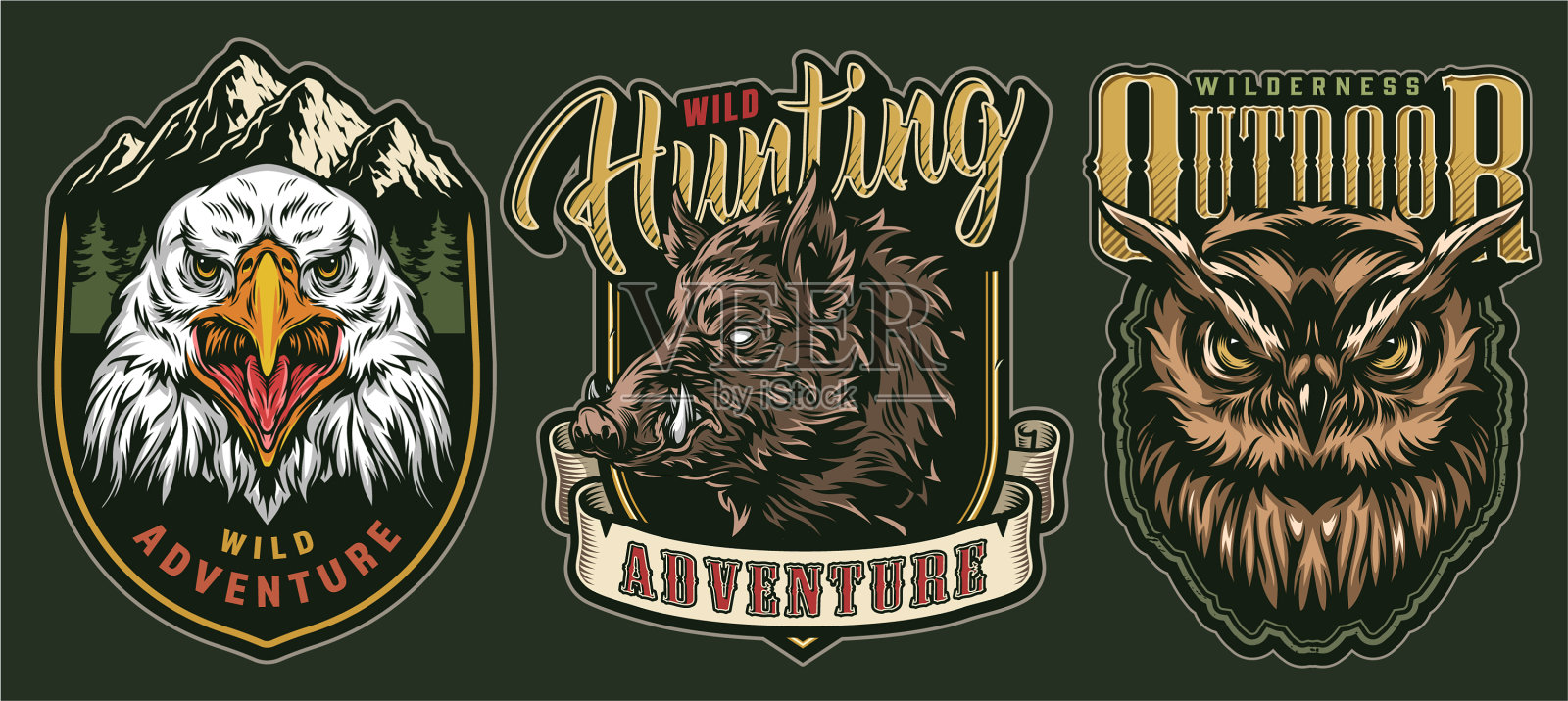 彩色野生动物版画套装插画图片素材