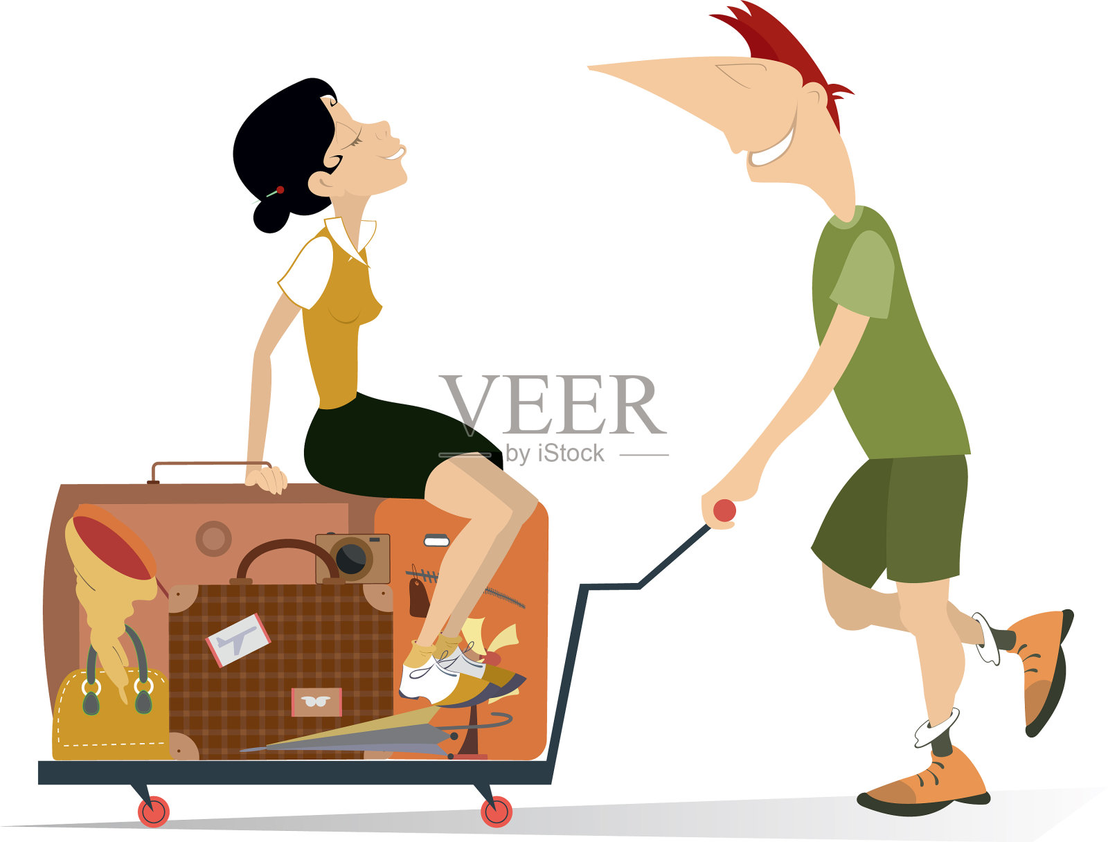 男人推着女人和行李的手推车设计元素图片