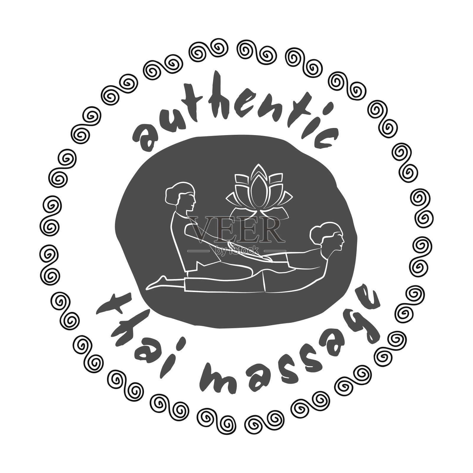 正宗的泰式按摩。标志泰式按摩与剪影的女人得到传统泰式伸展按摩治疗师。邮票泰式按摩灰色为您的设计。EPS10。插画图片素材