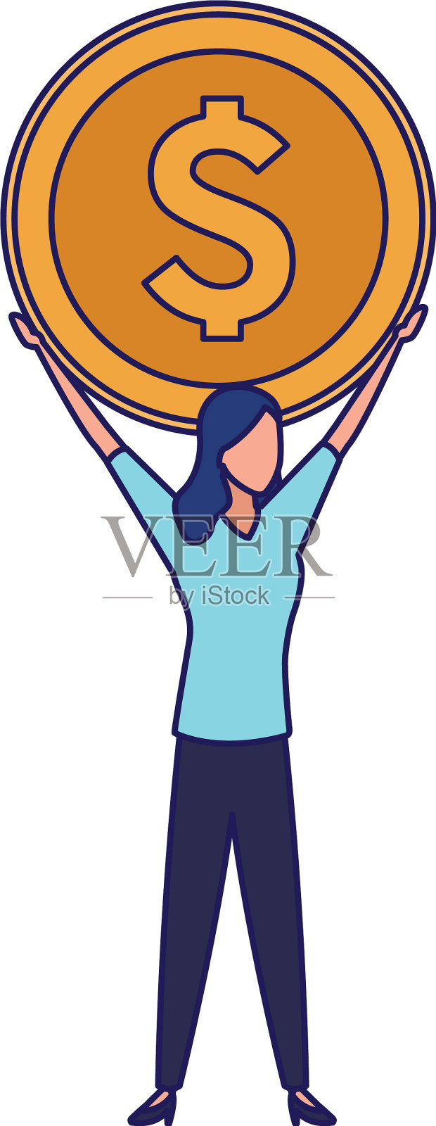 阿凡达女商人举着一枚大硬币插画图片素材