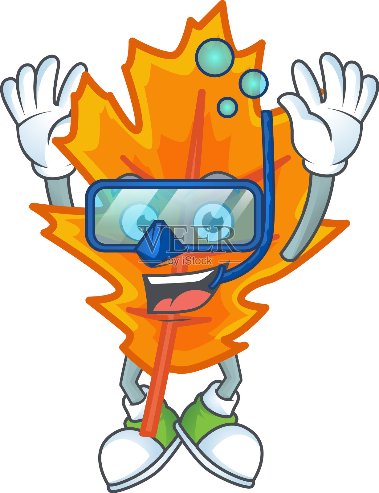 橙色的秋叶与卡通人物潜水插画图片素材