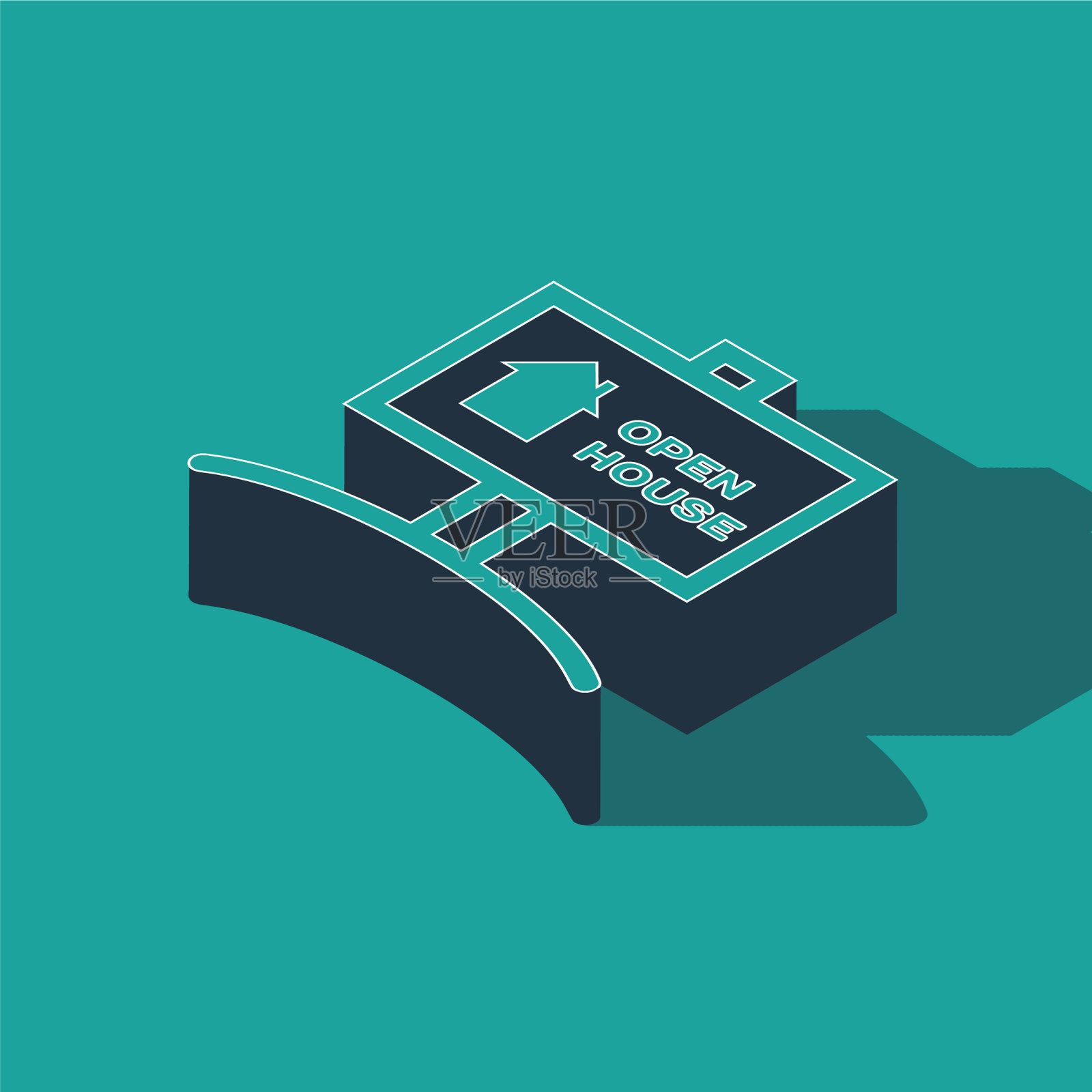 等距悬挂标志与文字开放的房子图标插画图片素材