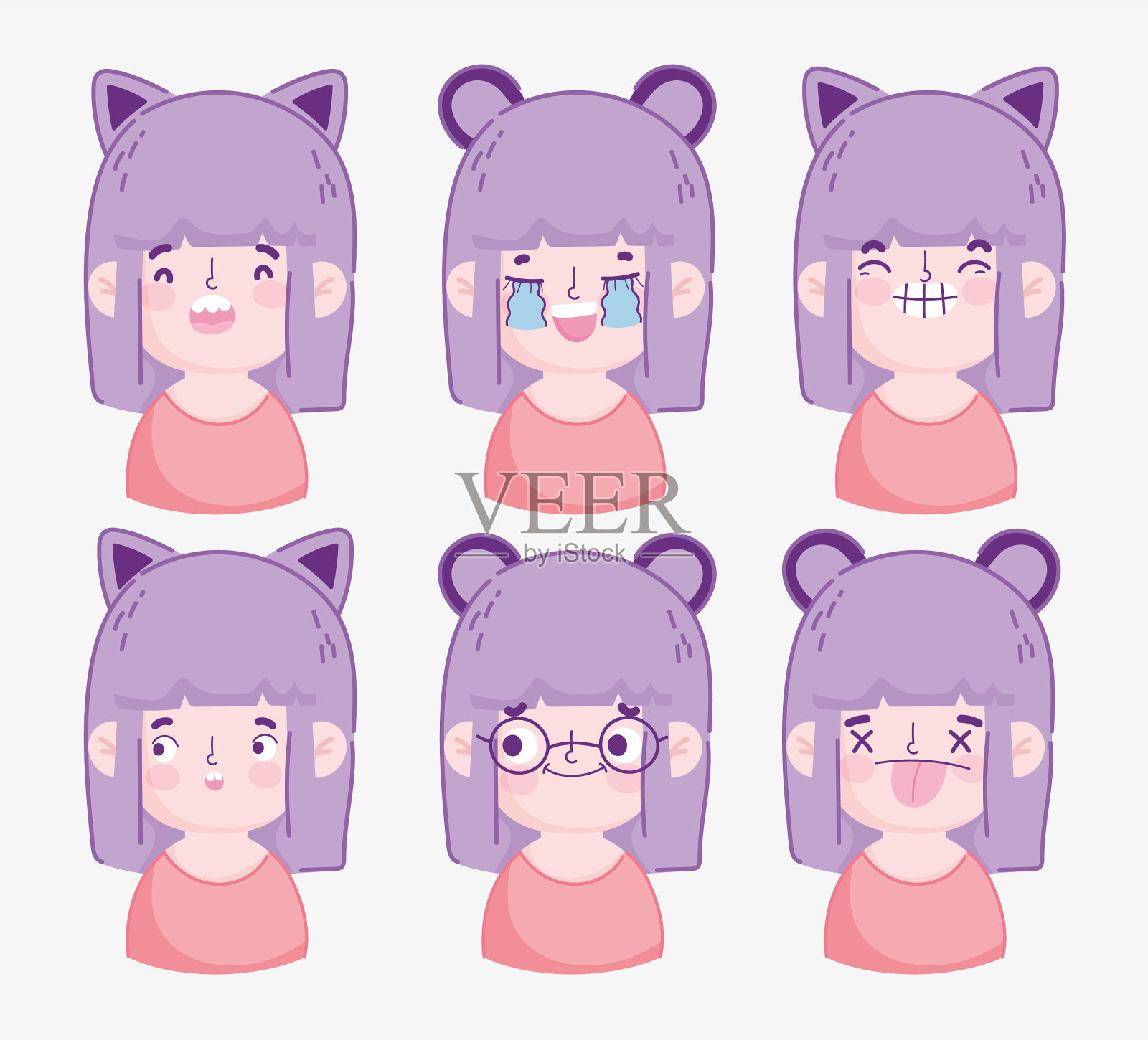 可爱的卡通女孩头穿着可爱的服装插画图片素材