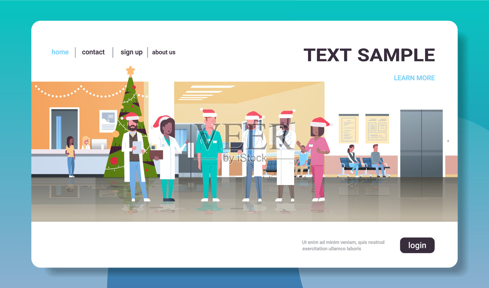 混合赛跑医生队站在圣诞老人的帽子插画图片素材