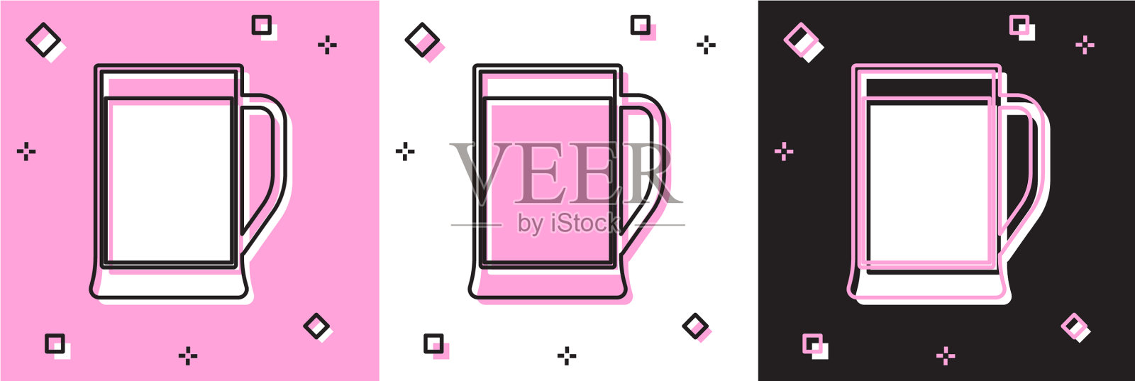 设置玻璃啤酒图标隔离在粉红色和白色插画图片素材