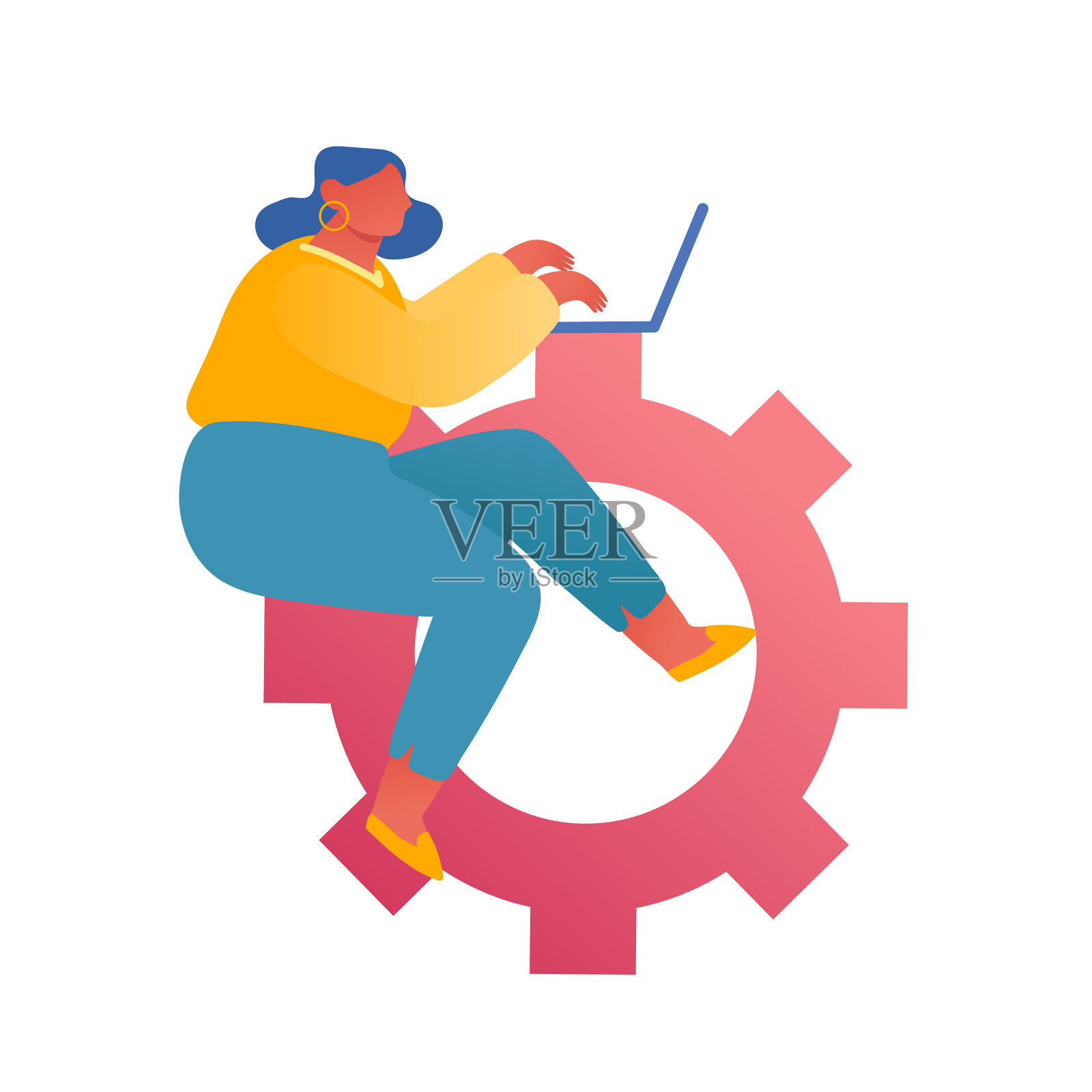 女经理坐在巨大的齿轮装置上设计元素图片