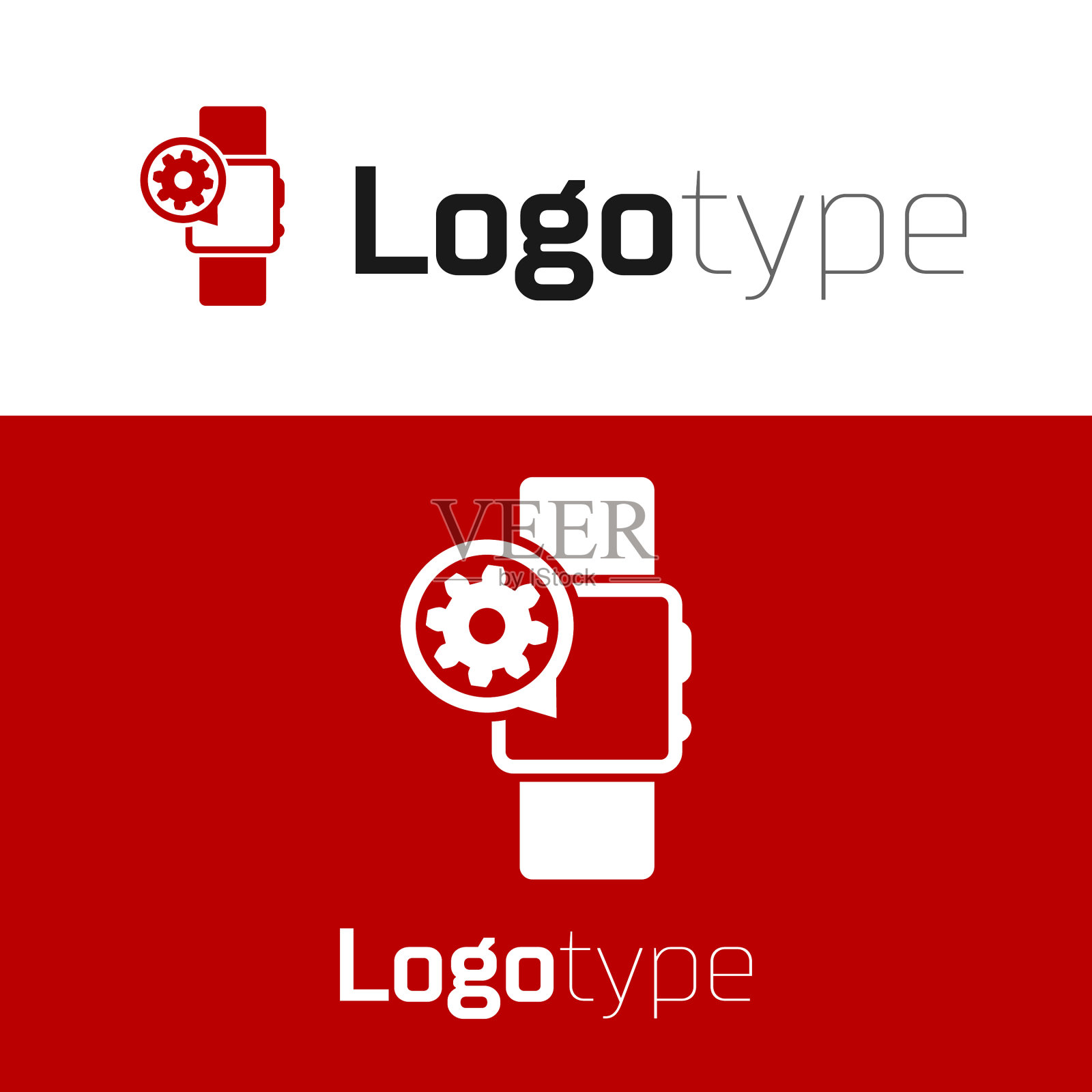 红色智能手表和齿轮图标隔离在白色插画图片素材