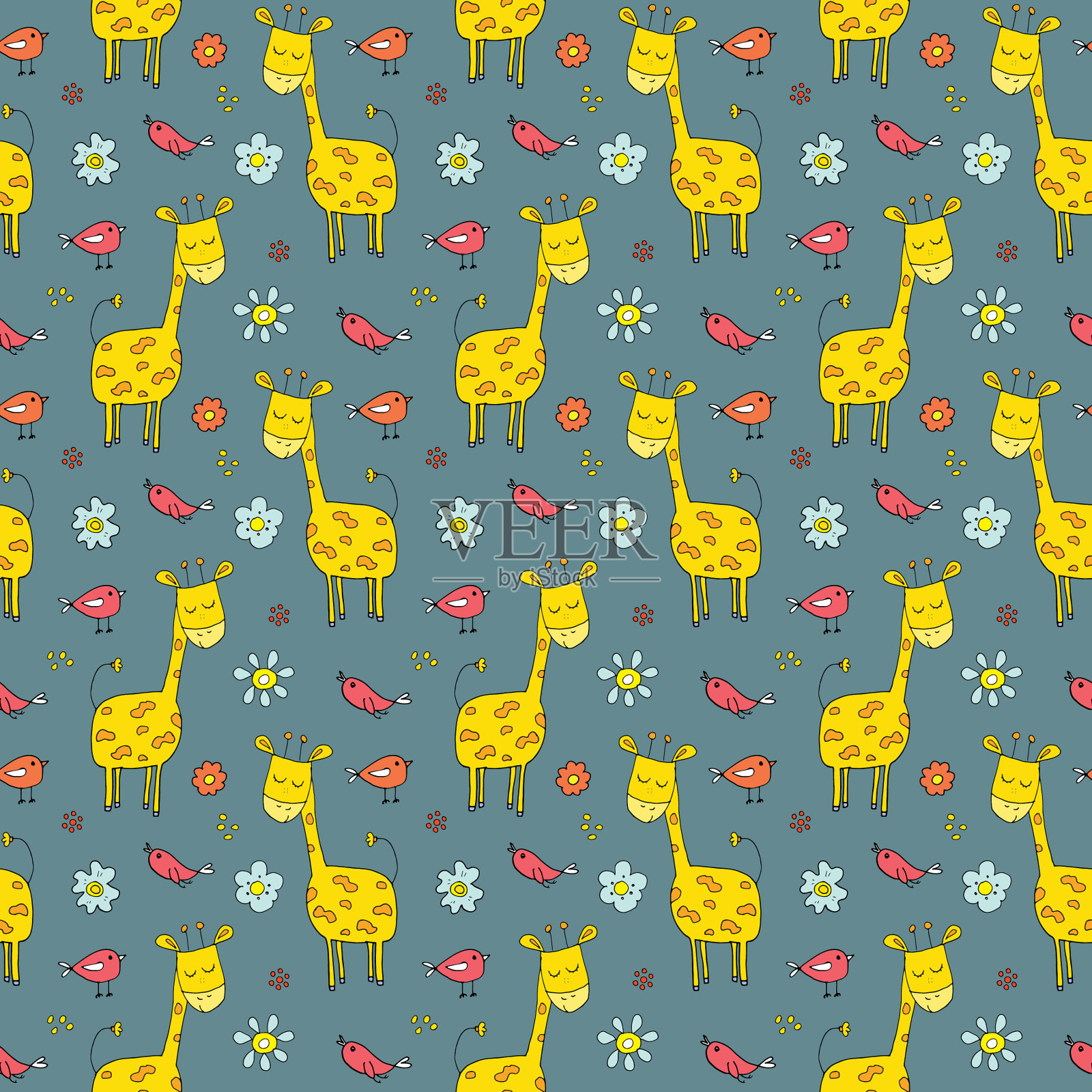 可爱的长颈鹿无缝图案卡通手绘插画图片素材