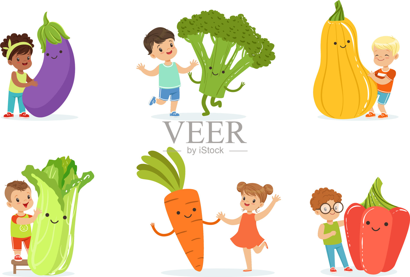 小朋友们玩大蔬菜套插画图片素材