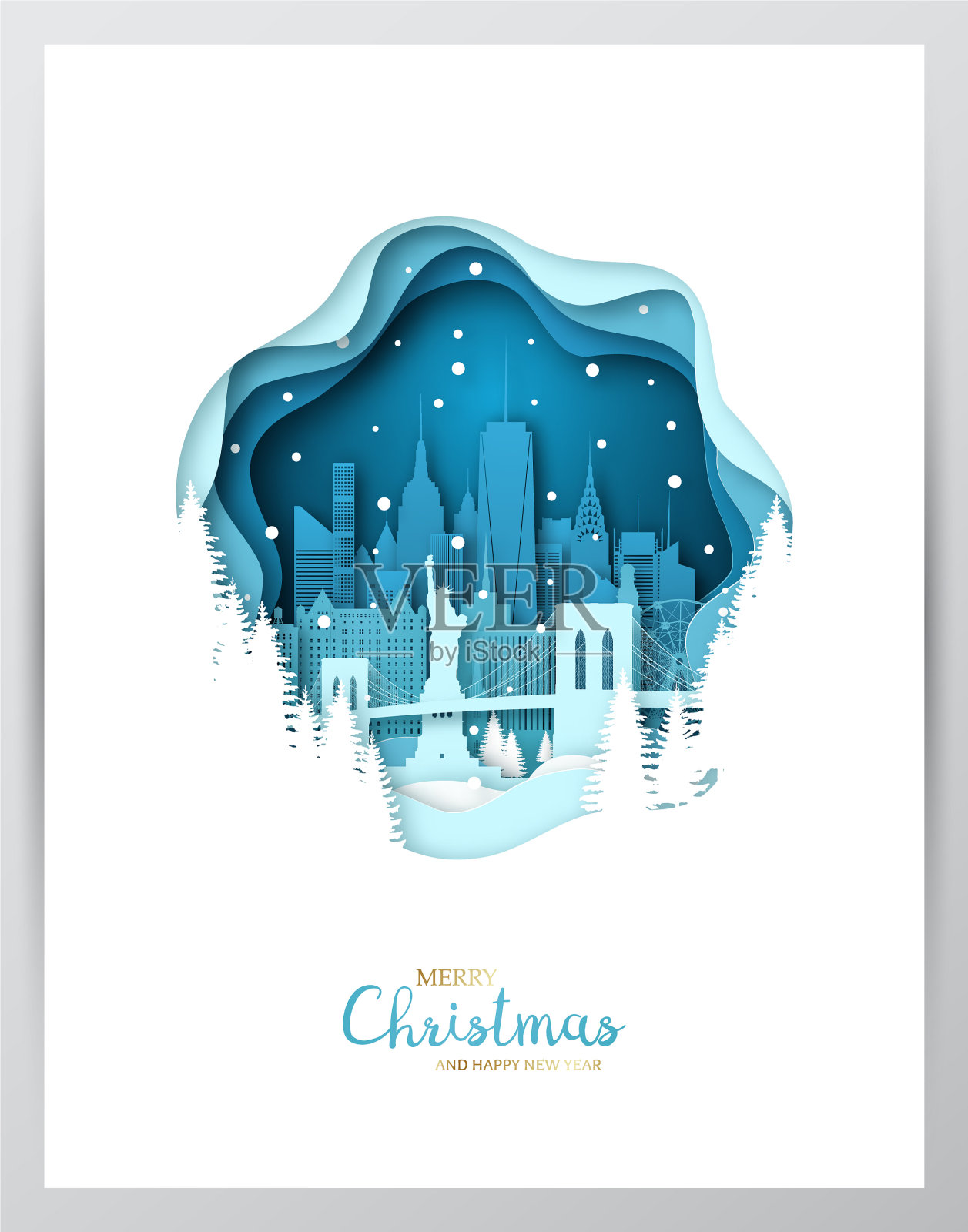 雪纽约市纸艺术贺卡插画图片素材