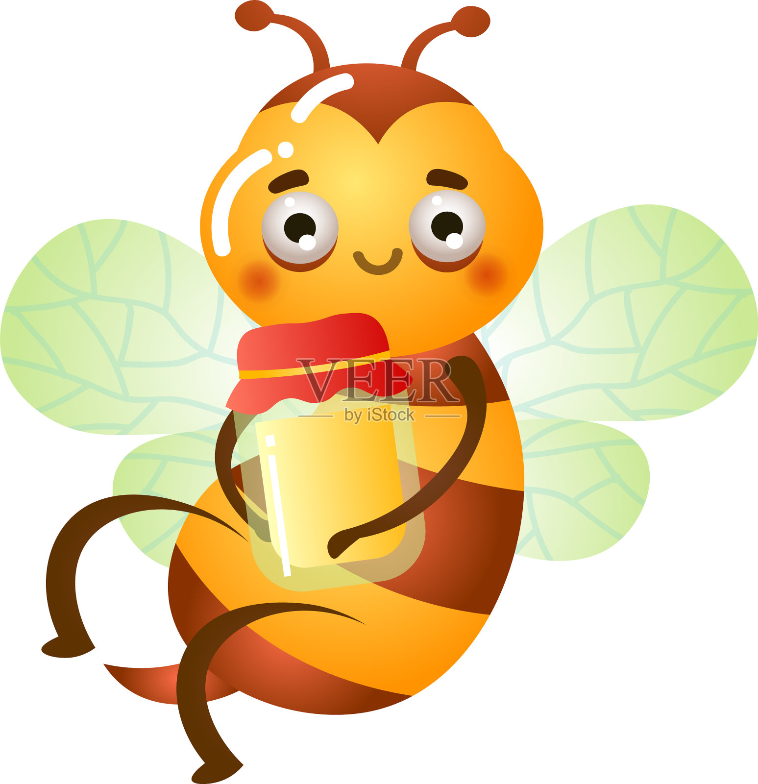 蜜蜂飞着，捧着盛满蜂蜜的玻璃罐设计元素图片