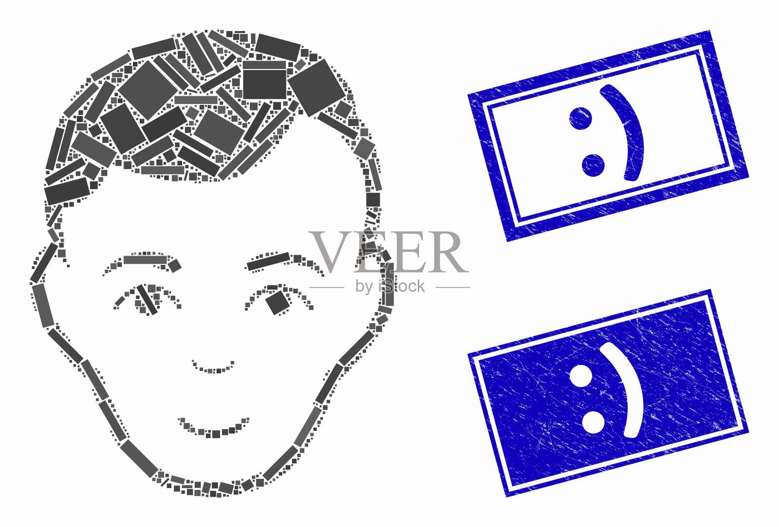 脸马赛克和刮花矩形邮票印章图标素材