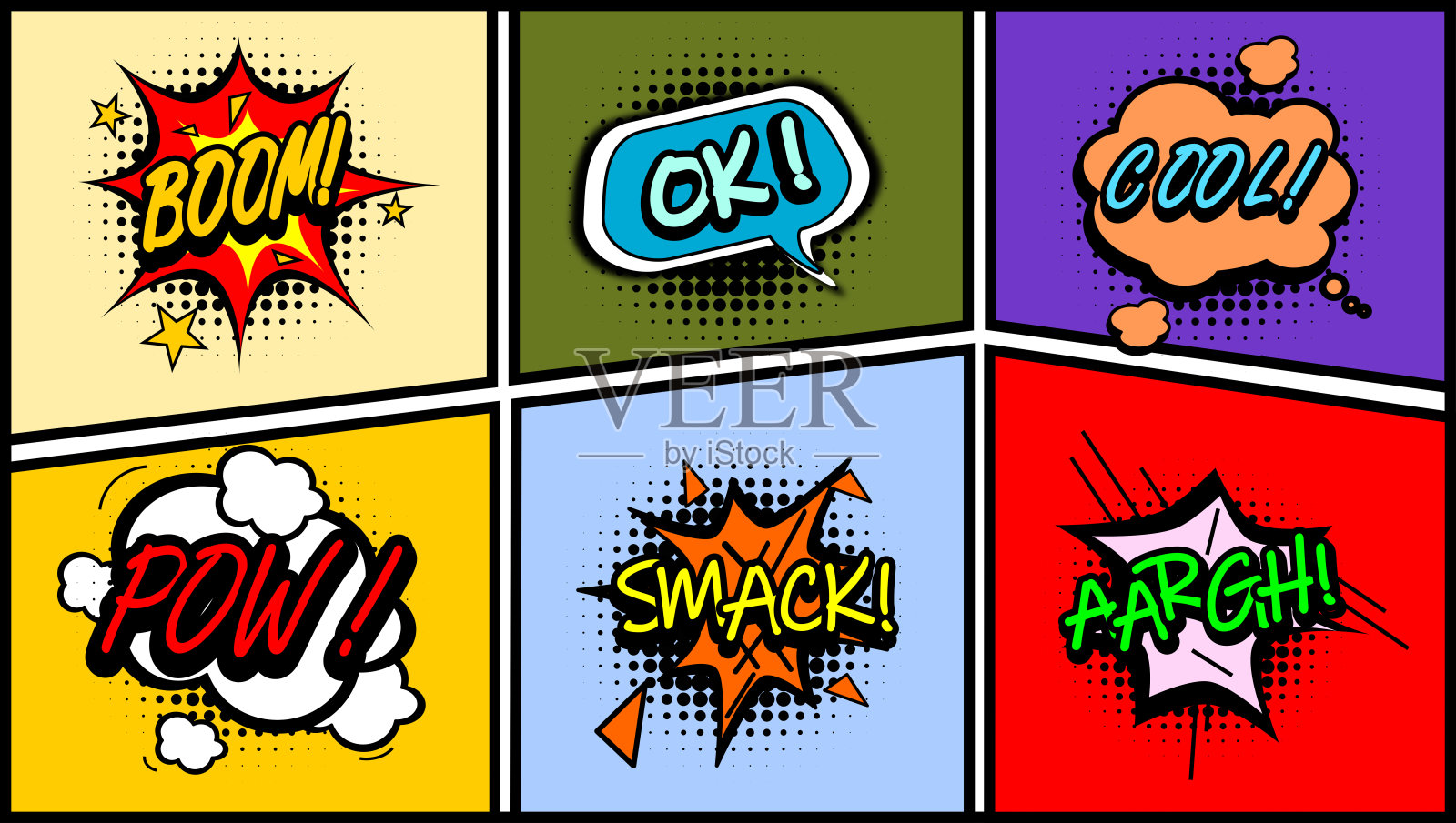 漫画页与漫画书的声音在网格框架上，丰富多彩的背景。设计元素图片