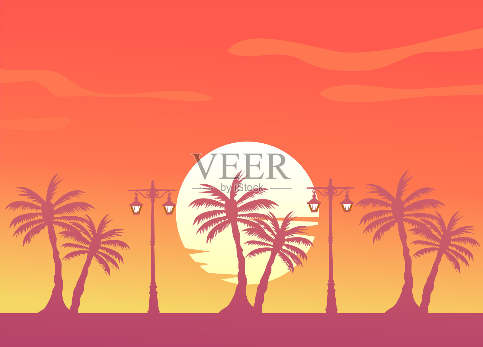 夏天的颜色背景上有棕榈树插画图片素材