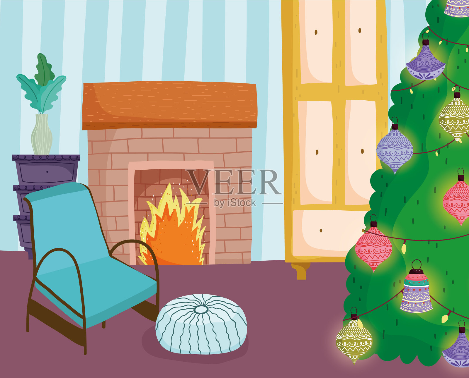 圣诞树家球装饰椅垫插画图片素材