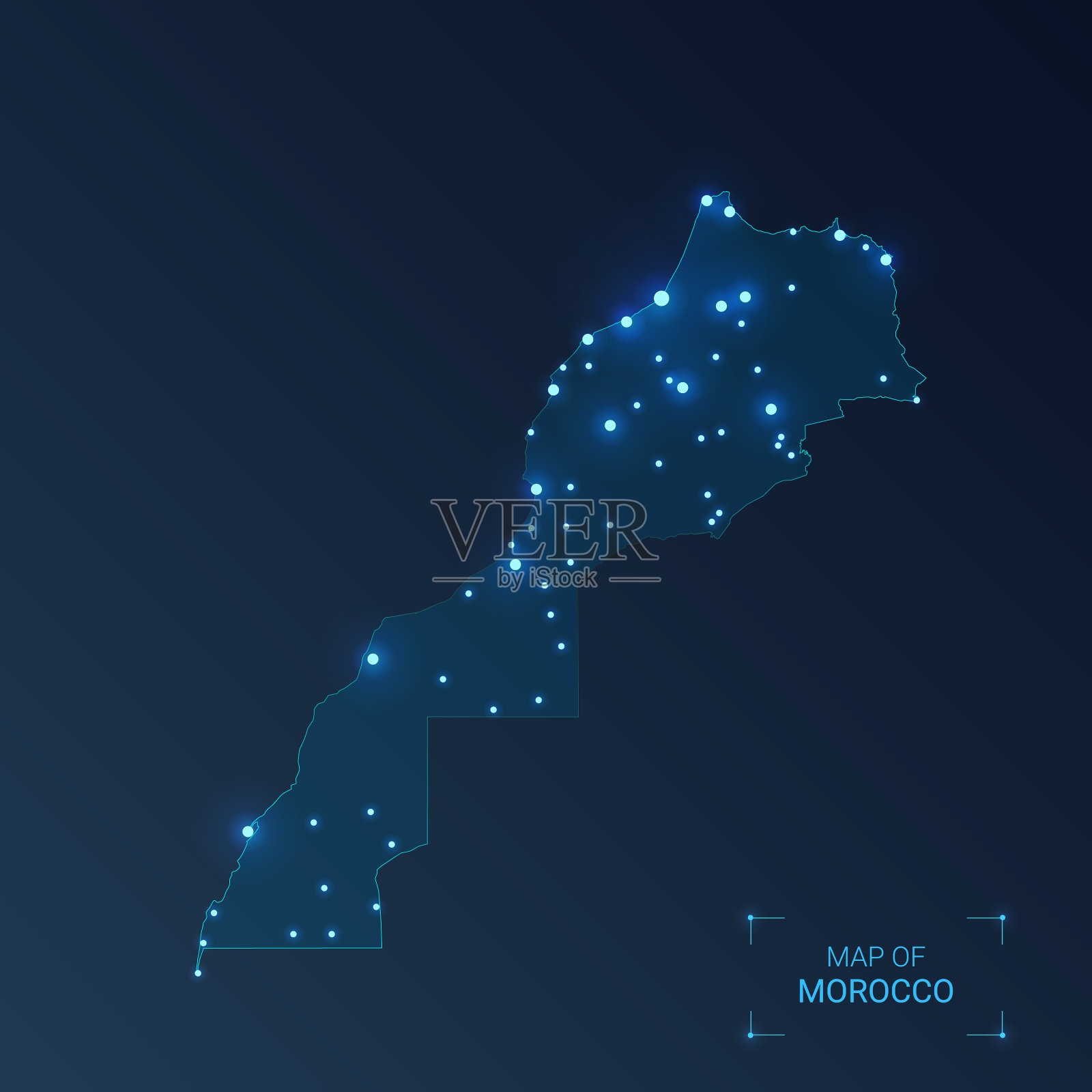 摩洛哥地图与城市发光点-霓虹灯插画图片素材