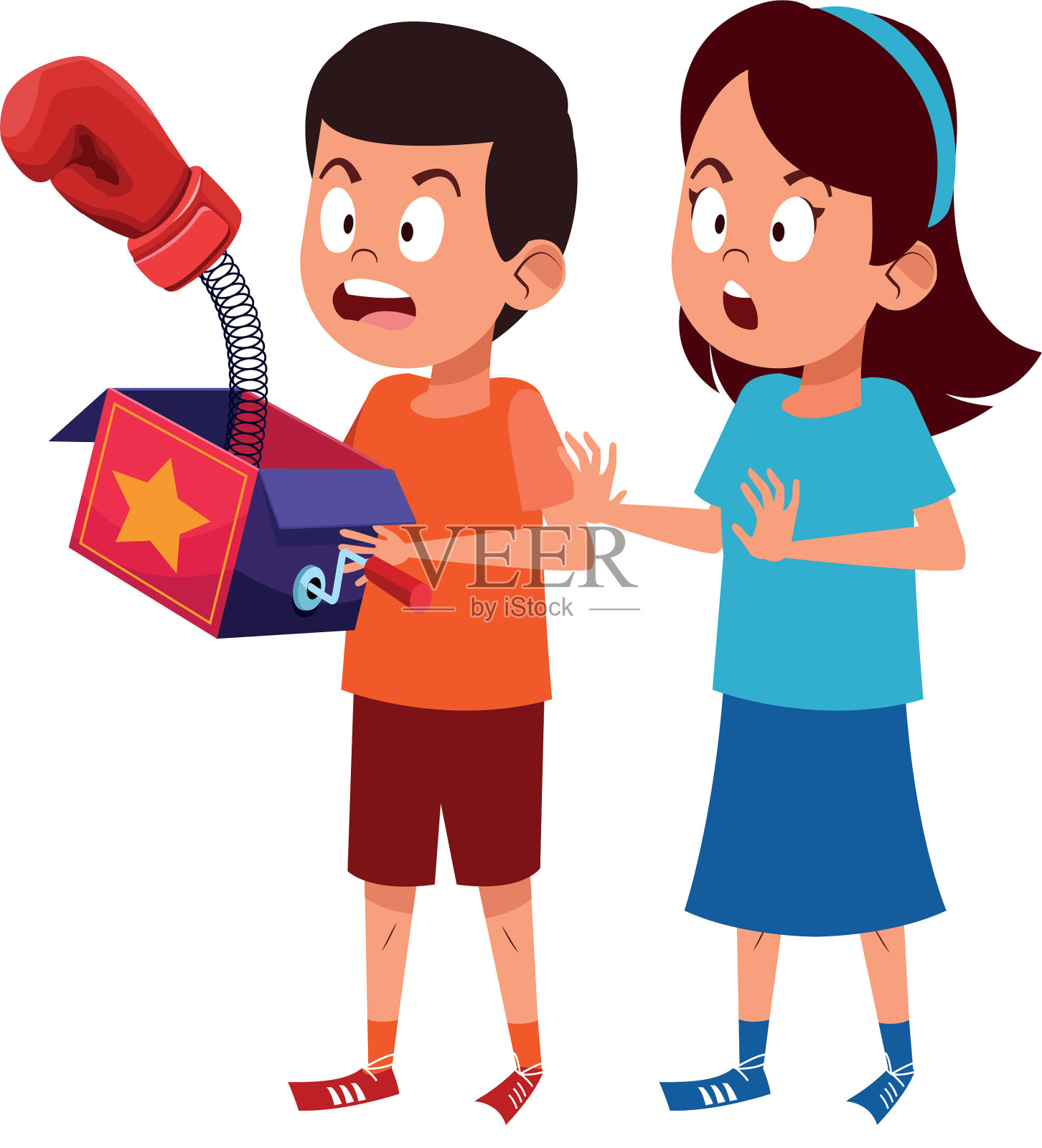 男孩和女孩用笑话盒图标平面设计插画图片素材