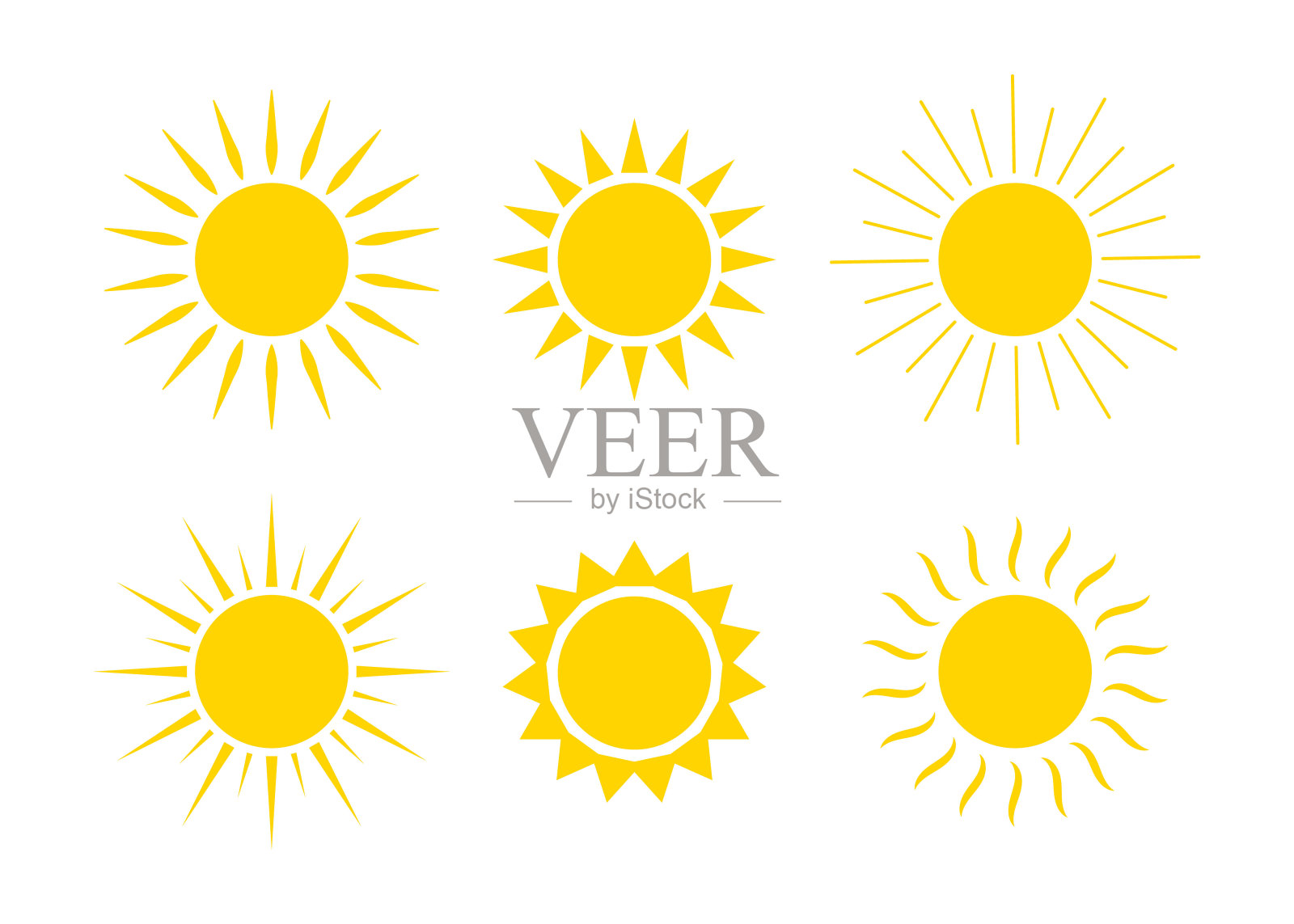 太阳标志。日出，日落与日出的图标。孩子们可爱的阳光图画。春天快乐，夏天早晨快乐。黄色和橙色的卡通图形。收集太阳的剪影。向量。图标素材