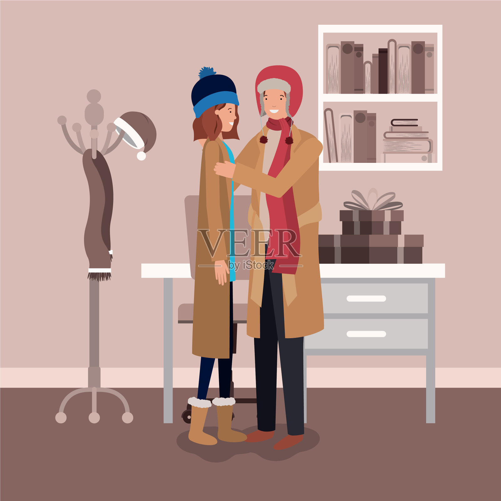 夫妇与礼物礼物圣诞庆祝插画图片素材