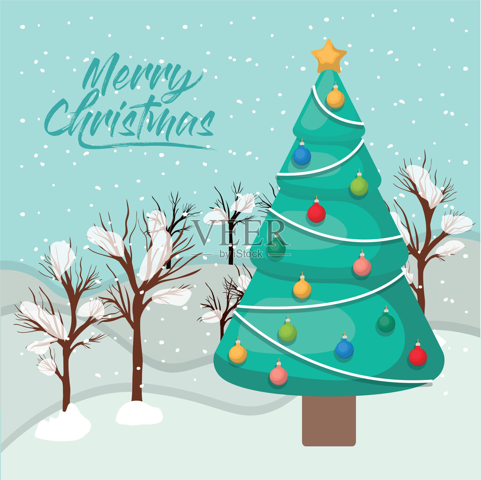 快乐的圣诞贺卡与松树插画图片素材