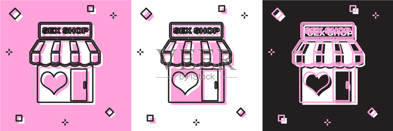 设置性商店建筑与条纹遮阳篷图标插画图片素材