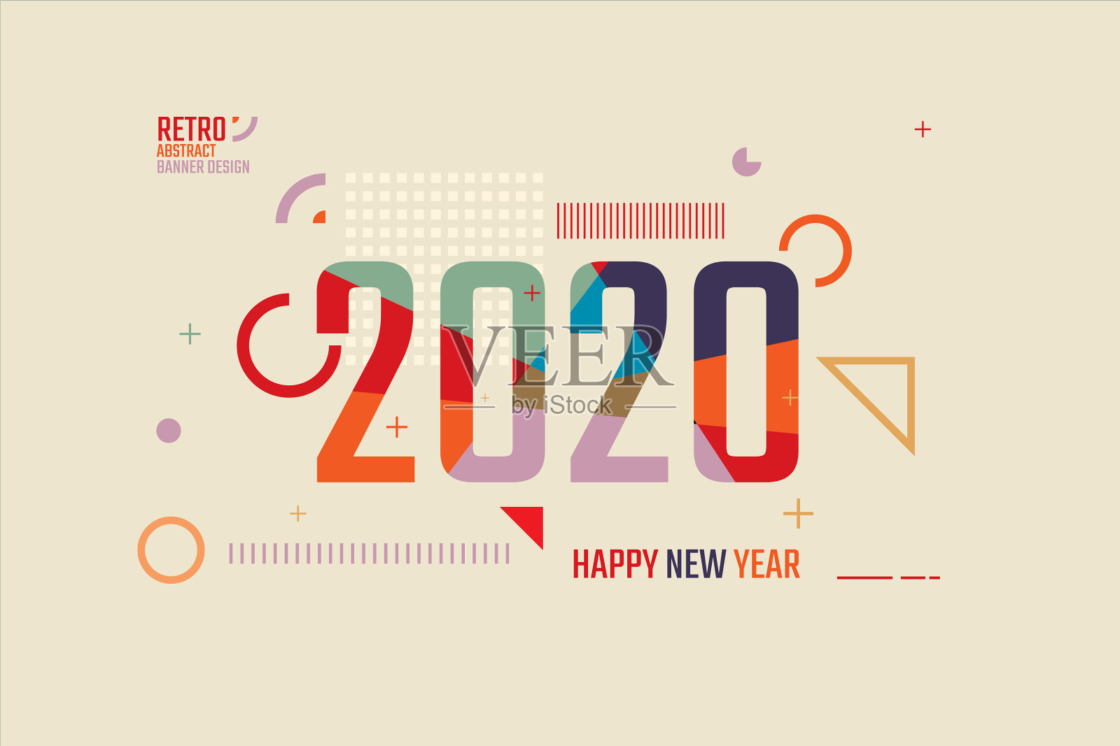 2020年新年快乐，复古风格插画图片素材