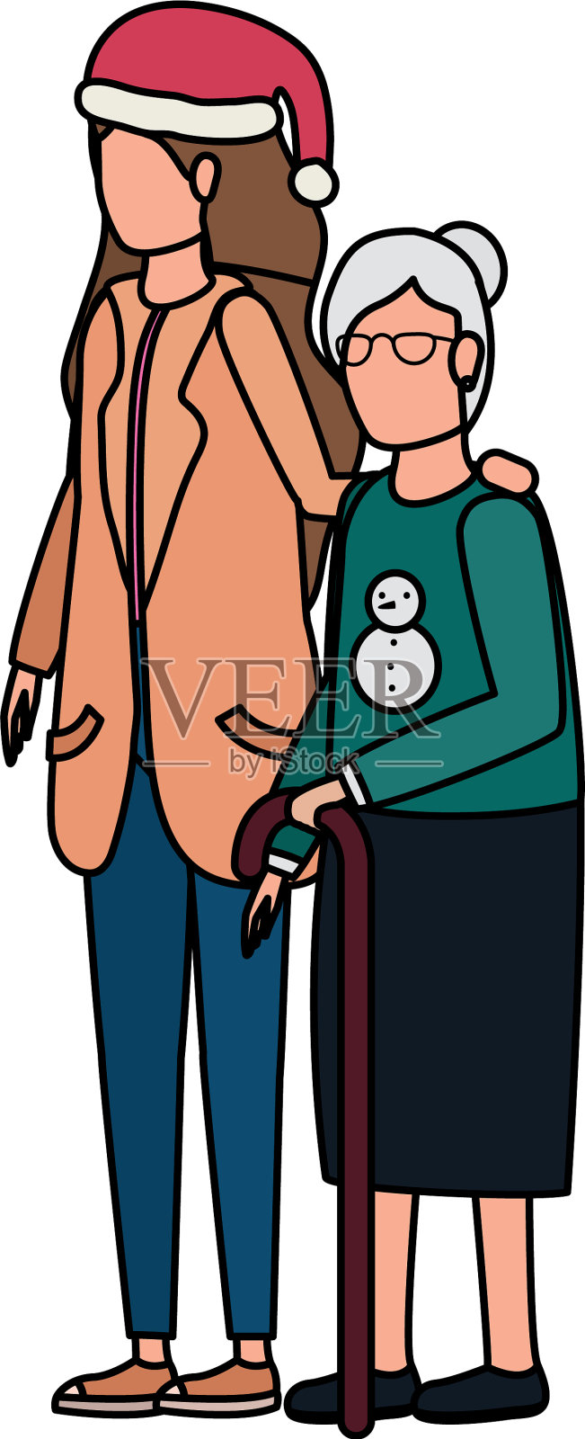 可爱的祖母和女儿使用圣诞帽设计元素图片