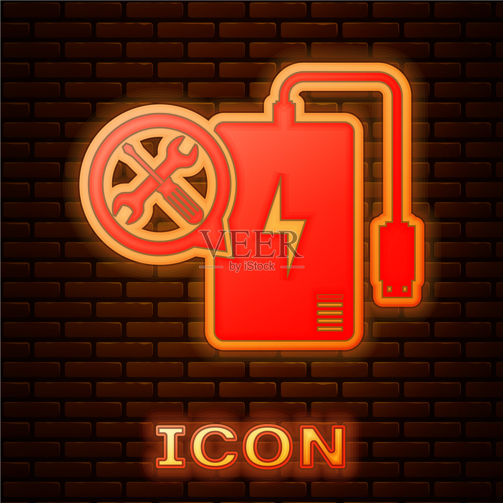 发光的霓虹灯电源，螺丝刀和图标素材