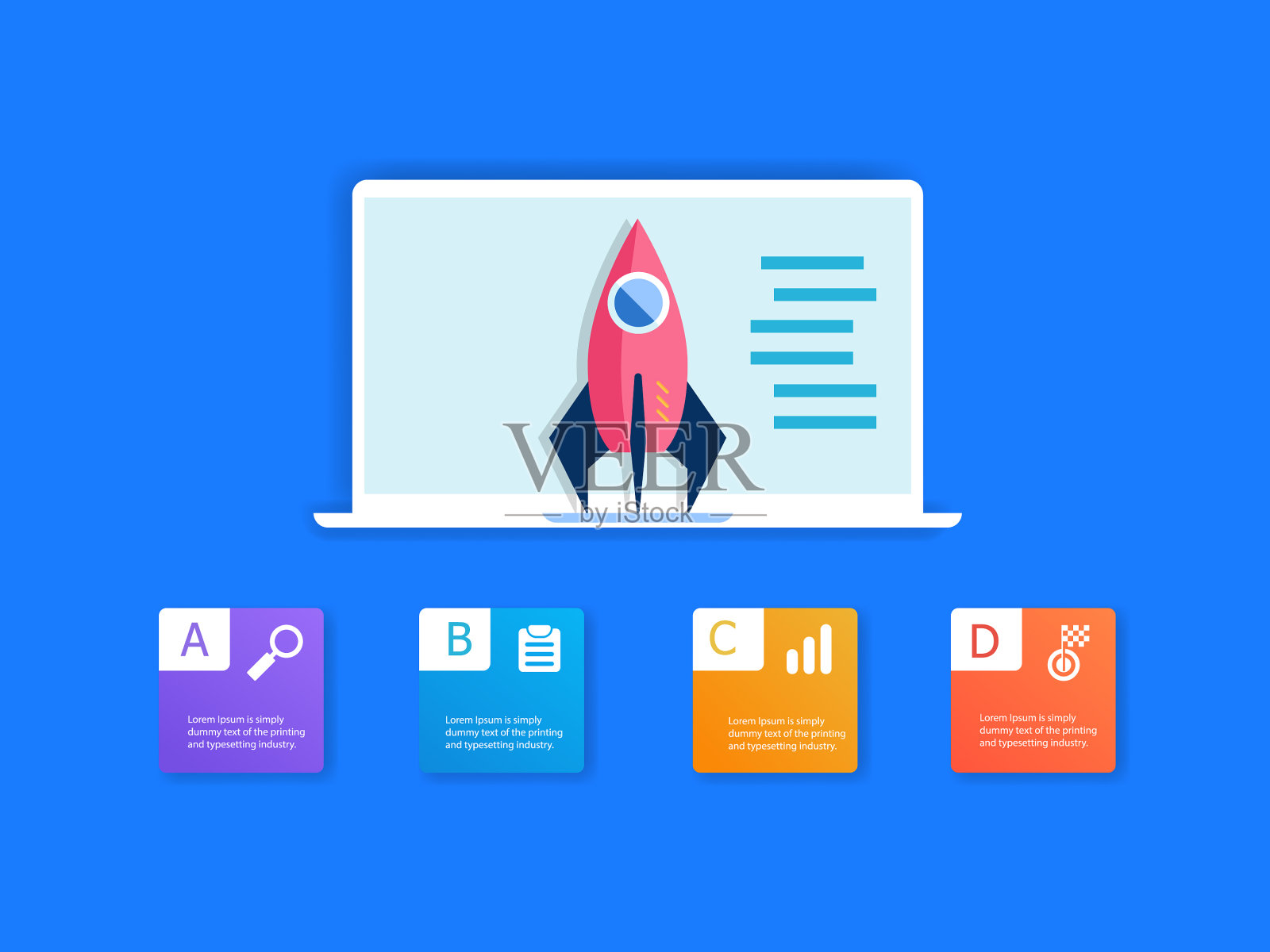 火箭在笔记本电脑和信息图4个步骤插画图片素材