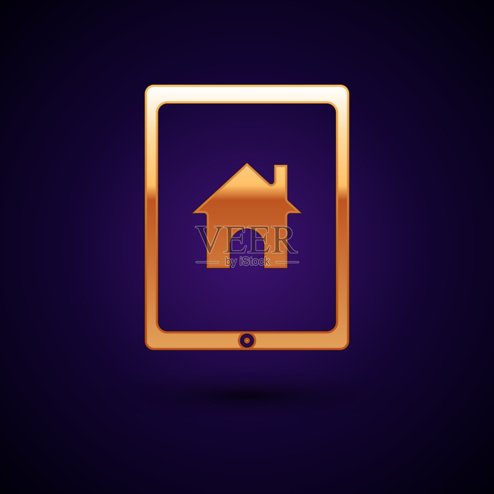 金色平板电脑和智能家居图标孤立在黑暗中插画图片素材