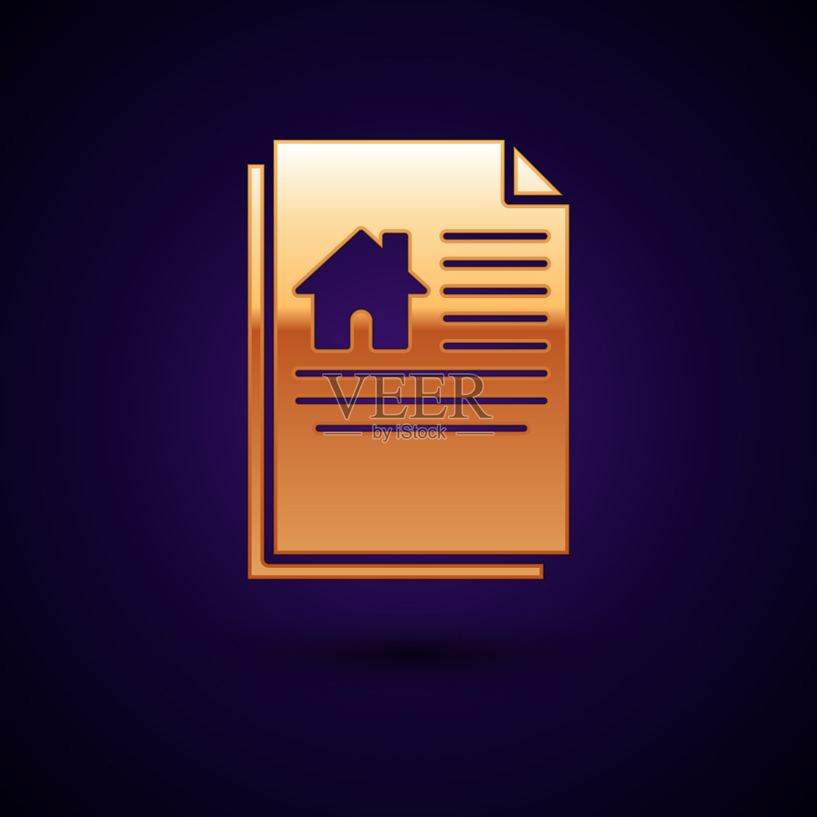 黄金房屋合同图标孤立在深蓝色插画图片素材