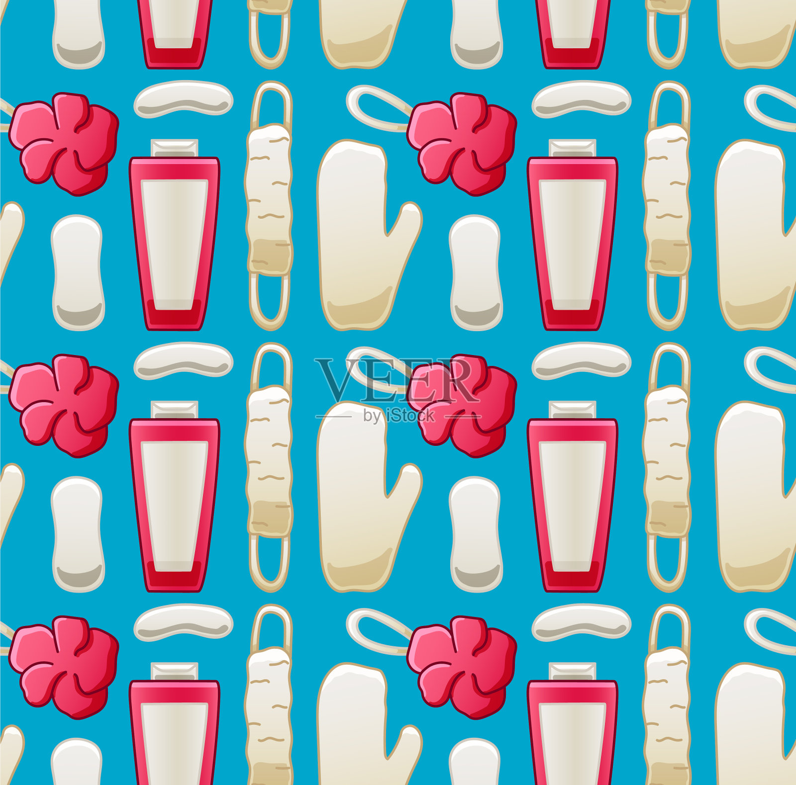 图案与肥皂、沐浴海绵和沐浴露插画图片素材