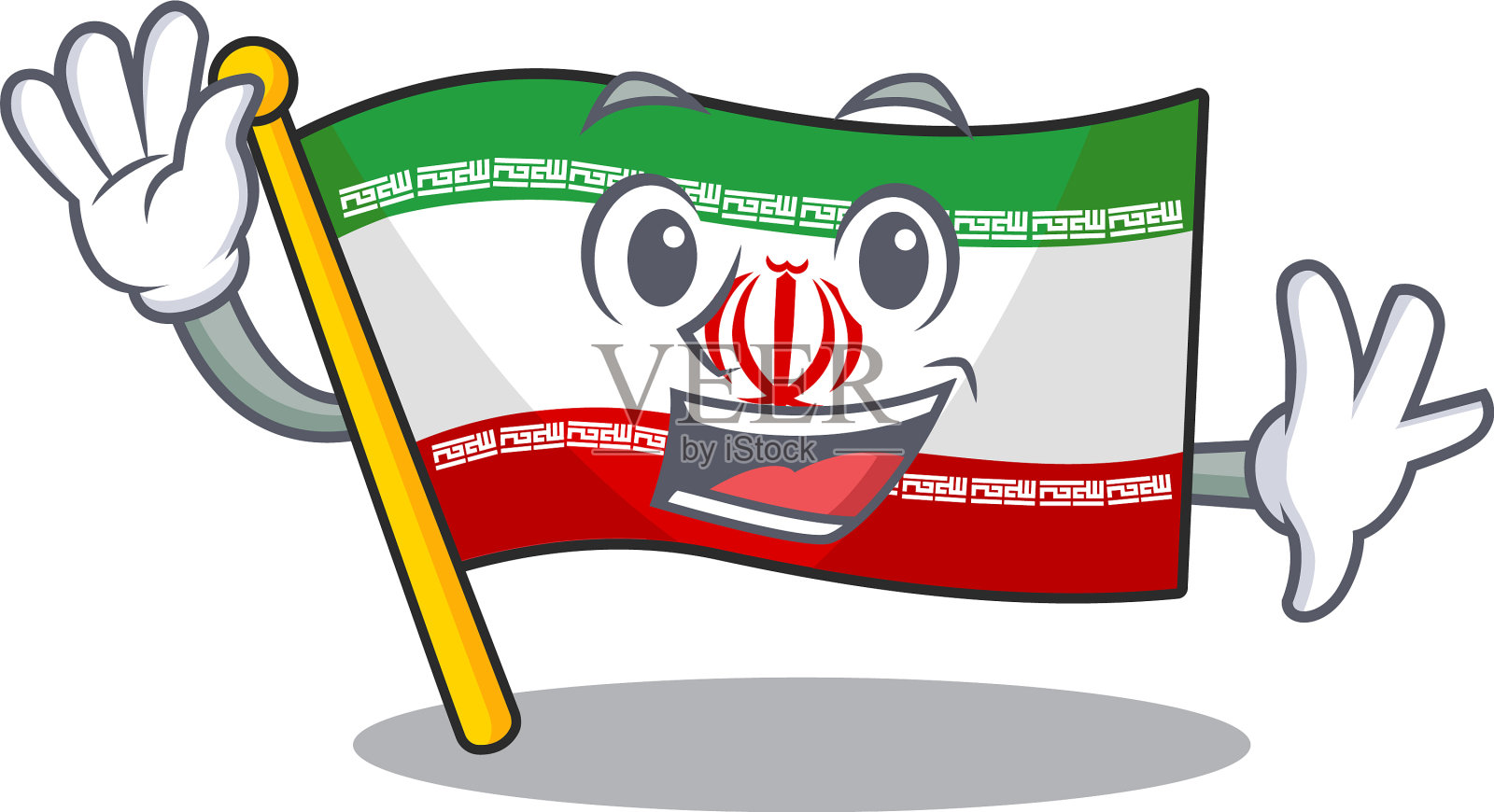 挥舞着可爱的笑脸国旗的伊朗卡通人物插画图片素材