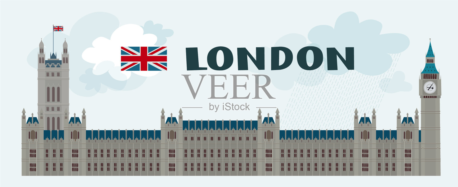 伊丽莎白塔在下雨的伦敦卡通形象插画图片素材