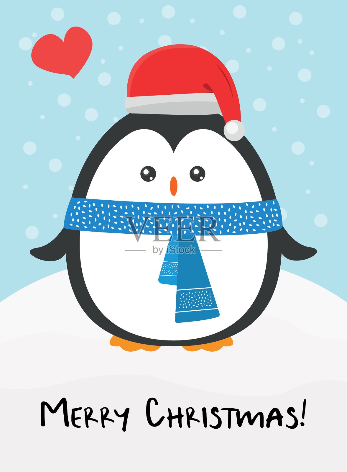 可爱快乐的卡通企鹅与圣诞老人的红帽子和插画图片素材