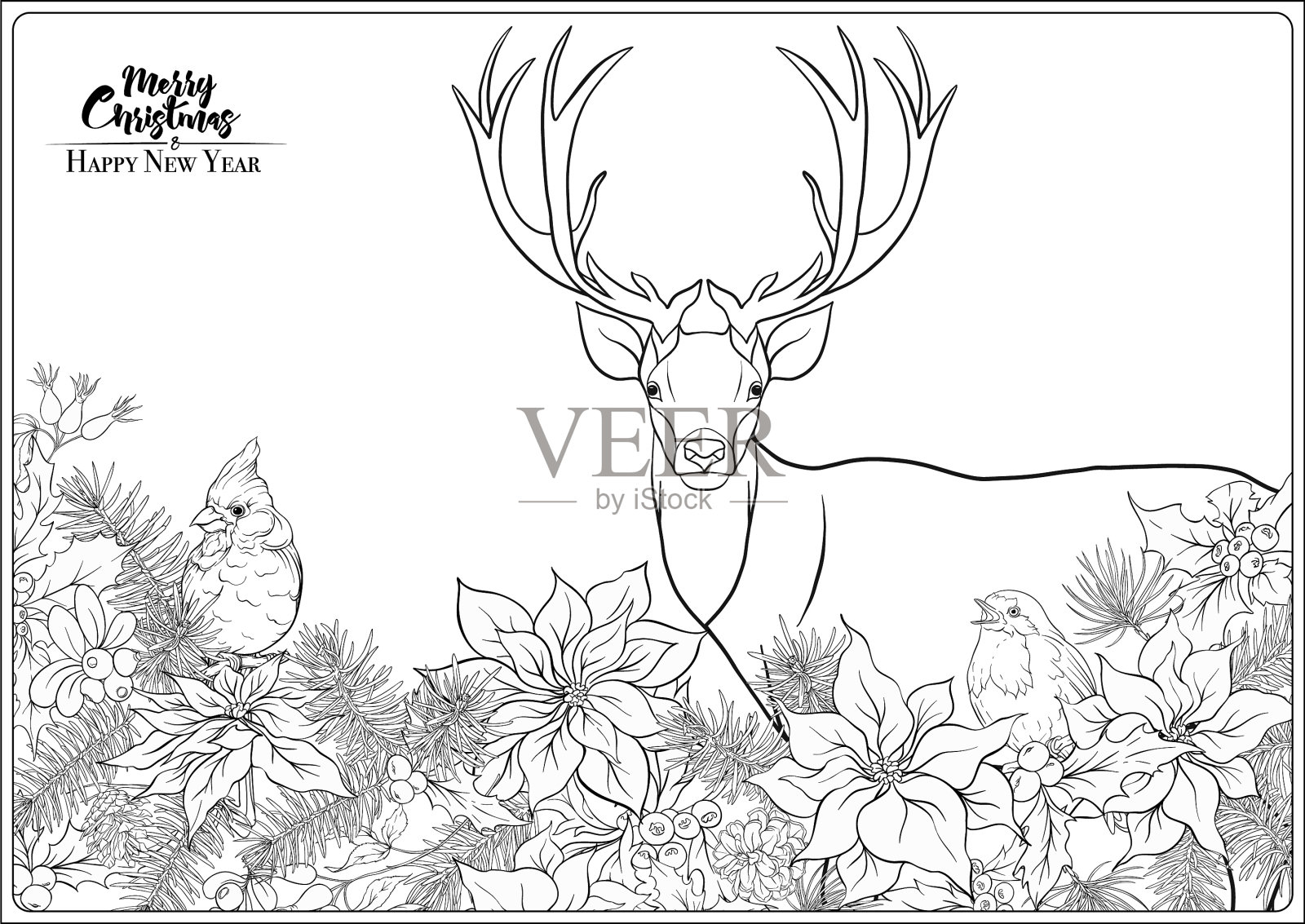 圣诞花环冬天的鸟和鹿插画图片素材