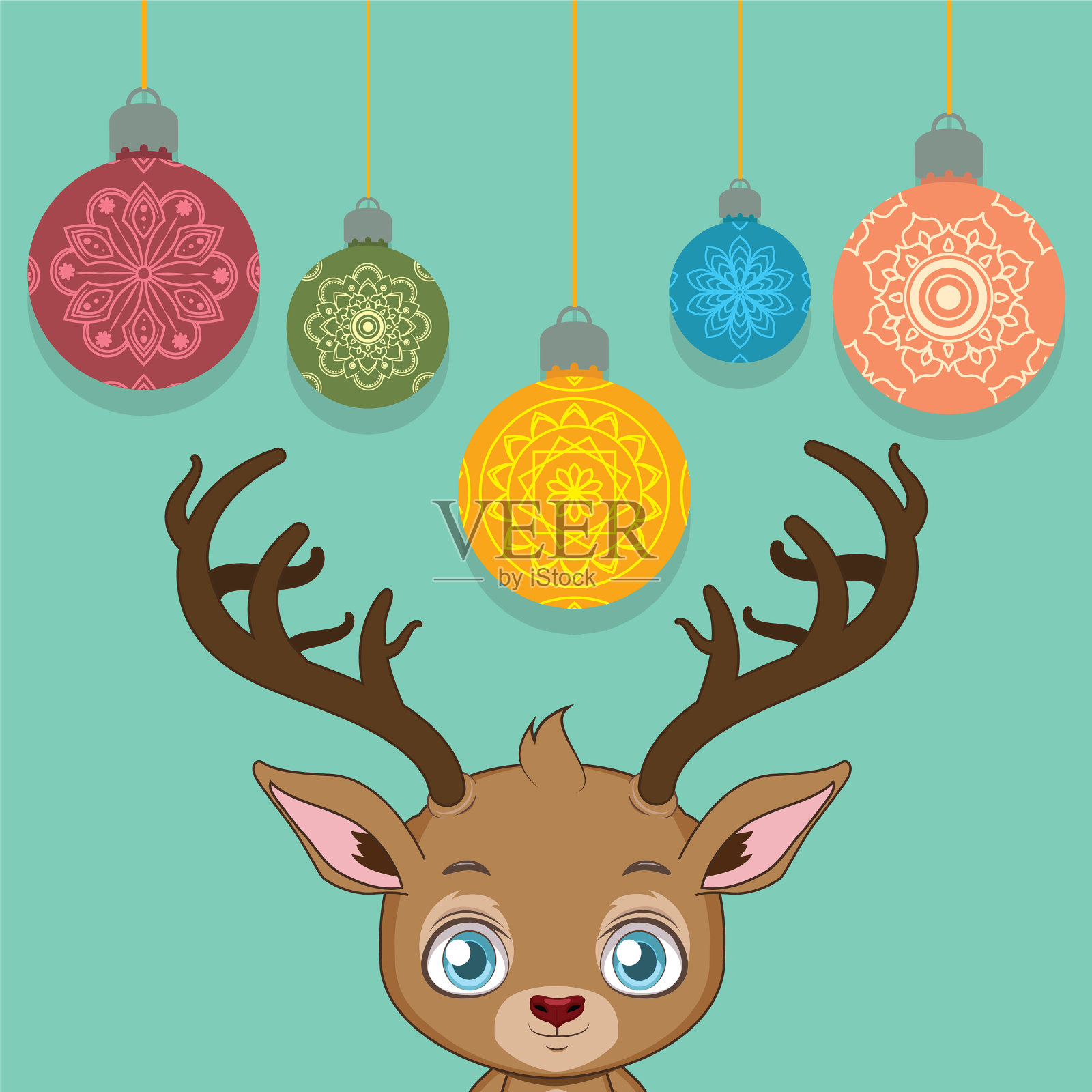 可爱的驯鹿和五颜六色的装饰品插画图片素材
