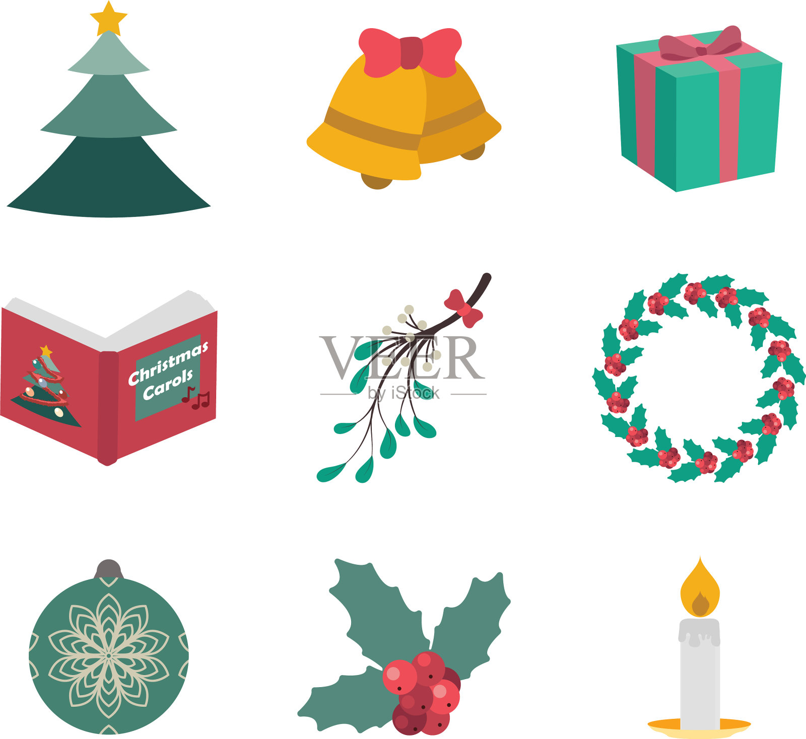 设置9个不同的圣诞主题物品插画图片素材