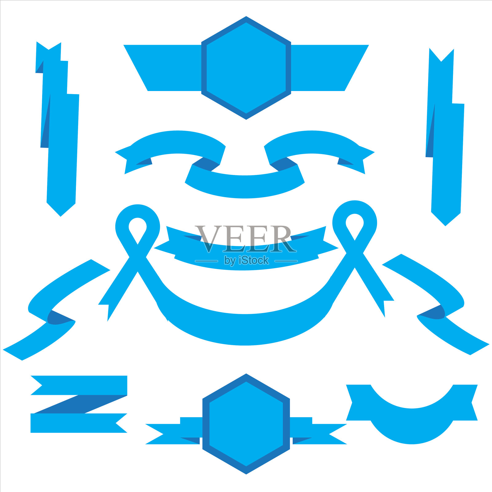 蓝丝带设置在孤立的庆祝和图标素材