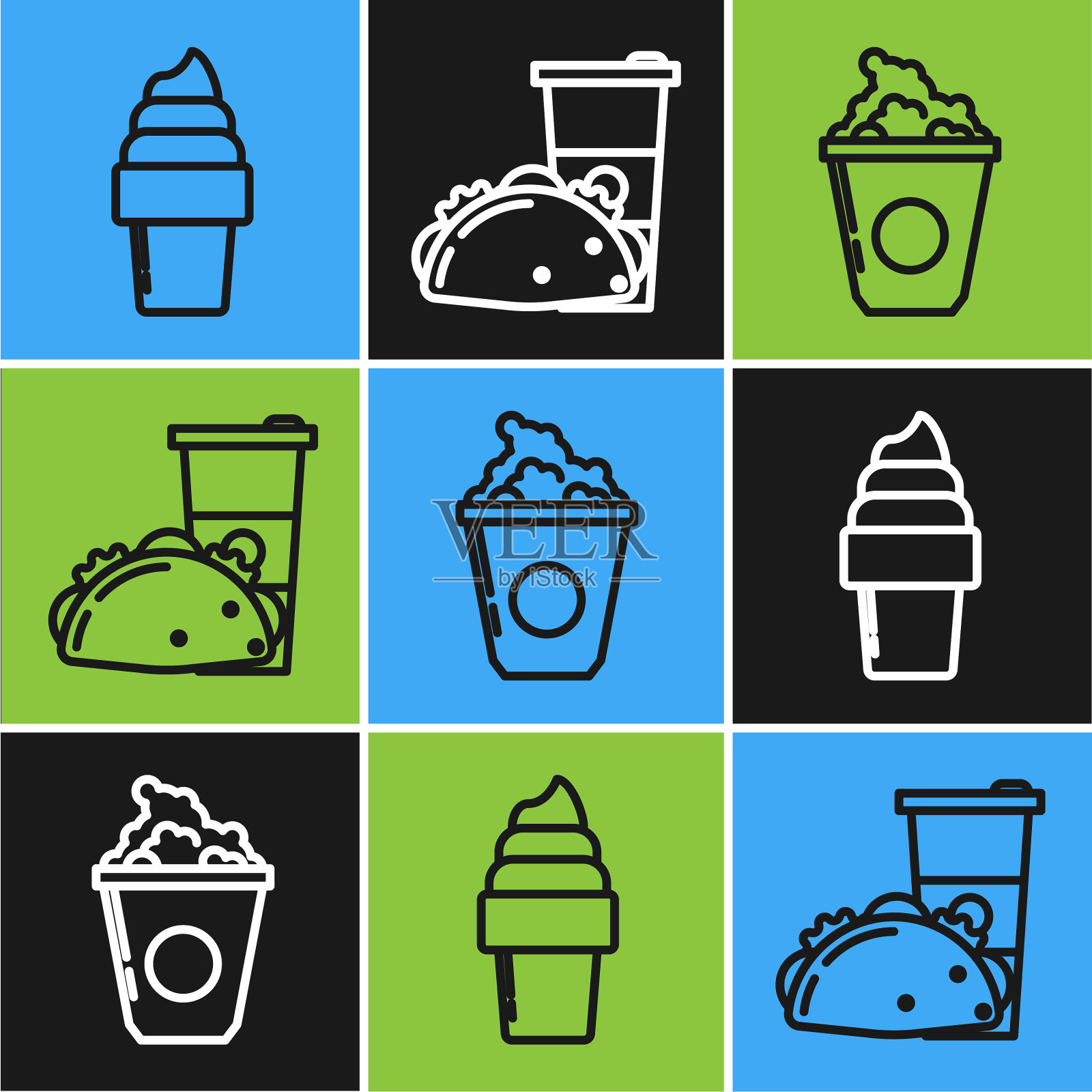 在华夫筒里放一排冰淇淋和爆米花插画图片素材