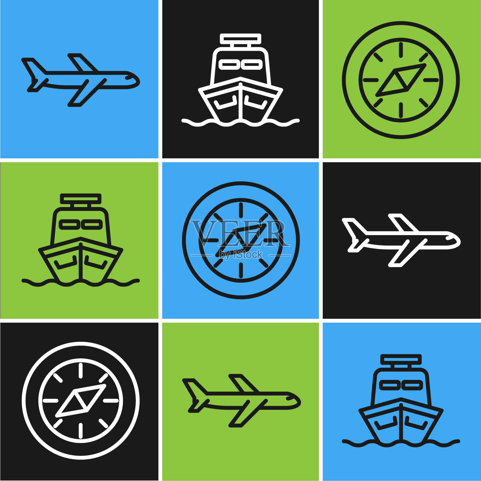 设置线平面罗盘和船舶图标图标素材