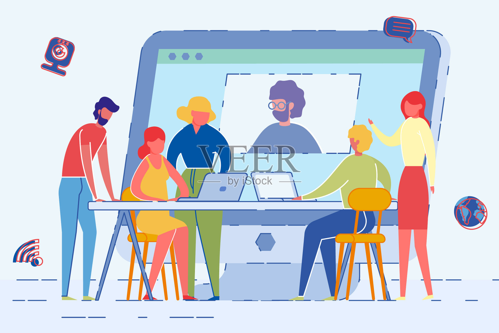 电脑屏幕与人使用网络CAM开会插画图片素材