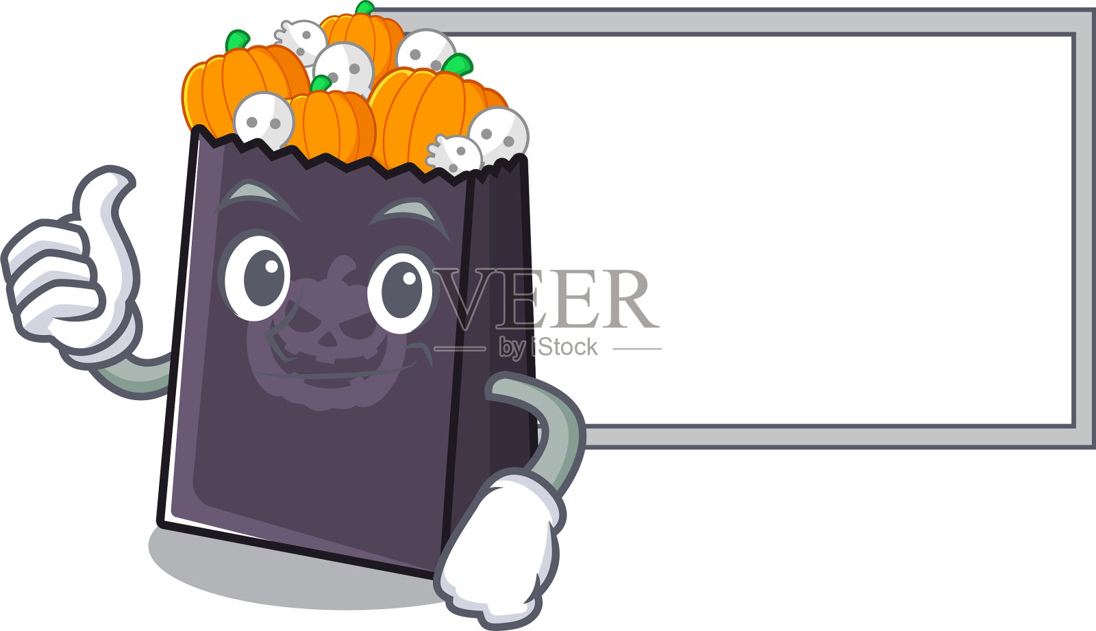 竖起大拇指与木板万圣节包吉祥物隔离设计元素图片