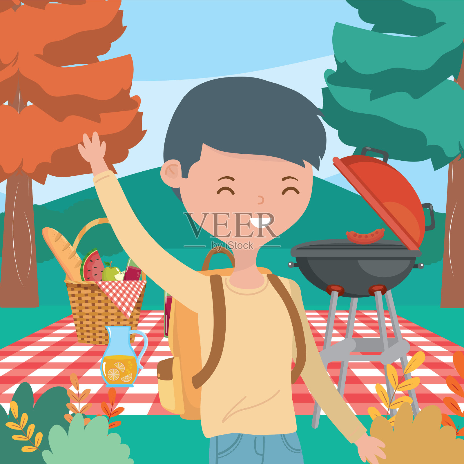 快乐的人带着篮子食物野餐自然景观插画图片素材